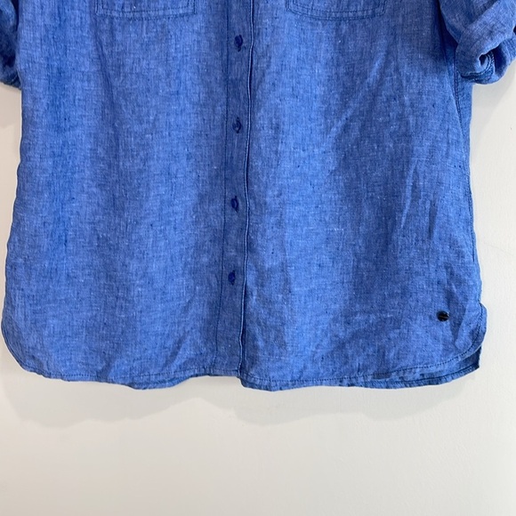 Olsen Linen Tab Sleeve Collared Button Up Ocean Breeze Blue Coastal Size S-M 8 - Picture 4 of 12